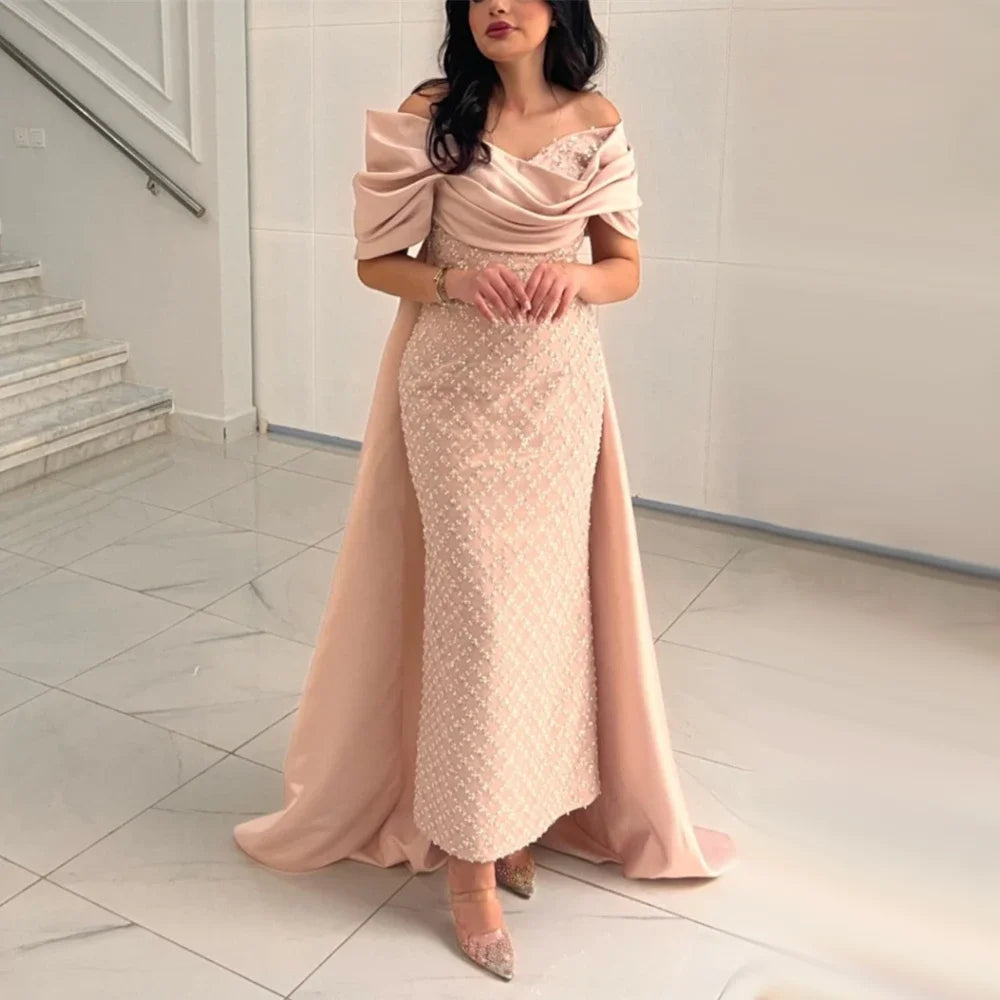 Peach Satin Boat Neck Beaded Ankle Length Evening Dresses