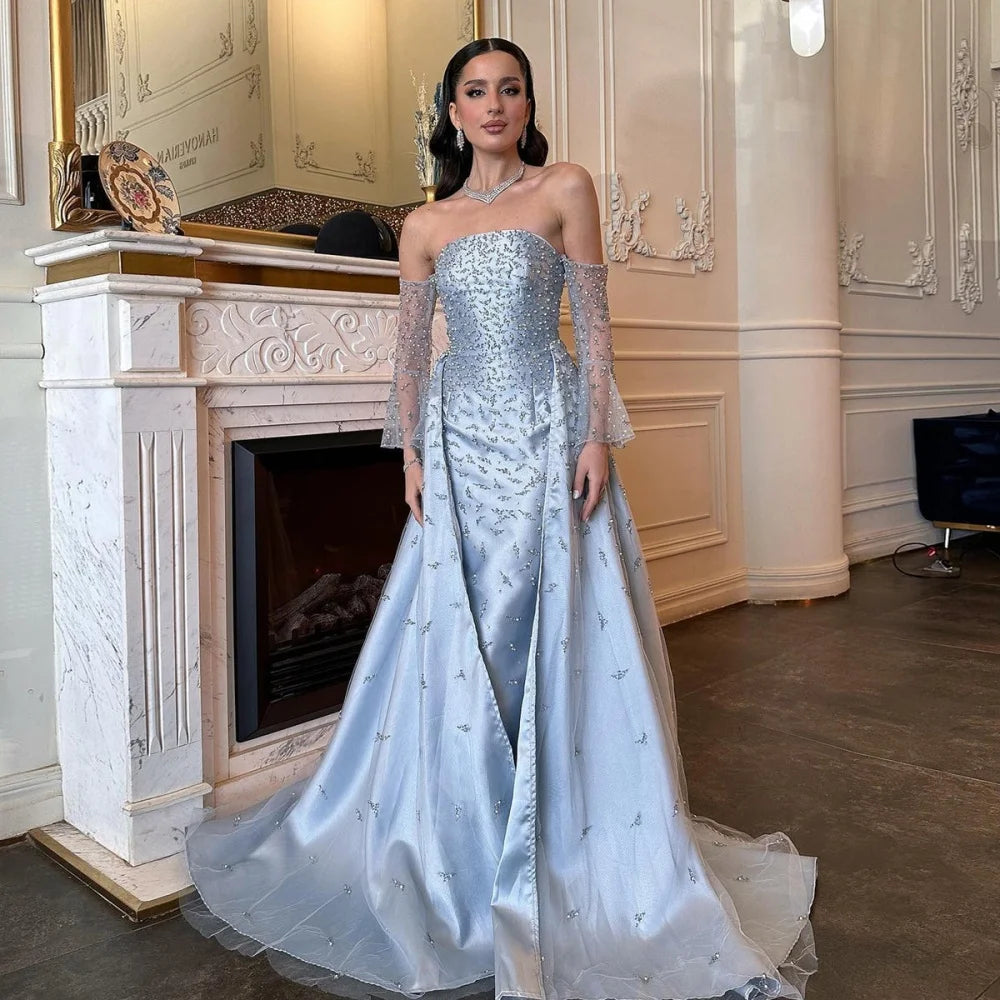 Pearls Beading Slightly Flared Sleeves robes de soirée Satin A-line Party Dresses