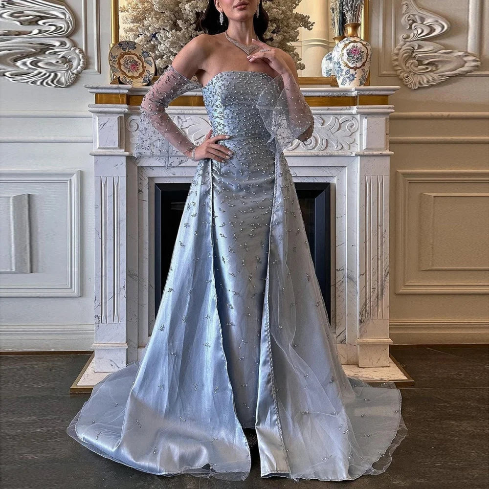 Pearls Beading Slightly Flared Sleeves robes de soirée Satin A-line Party Dresses
