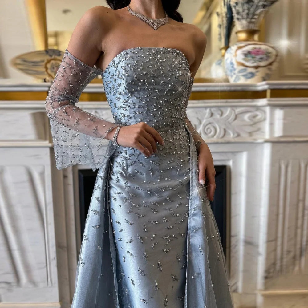 Pearls Beading Slightly Flared Sleeves robes de soirée Satin A-line Party Dresses