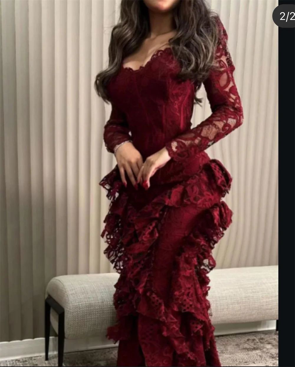 Lace Sexy Mermaid robes de soirée Red V Neck Evening Dresses
