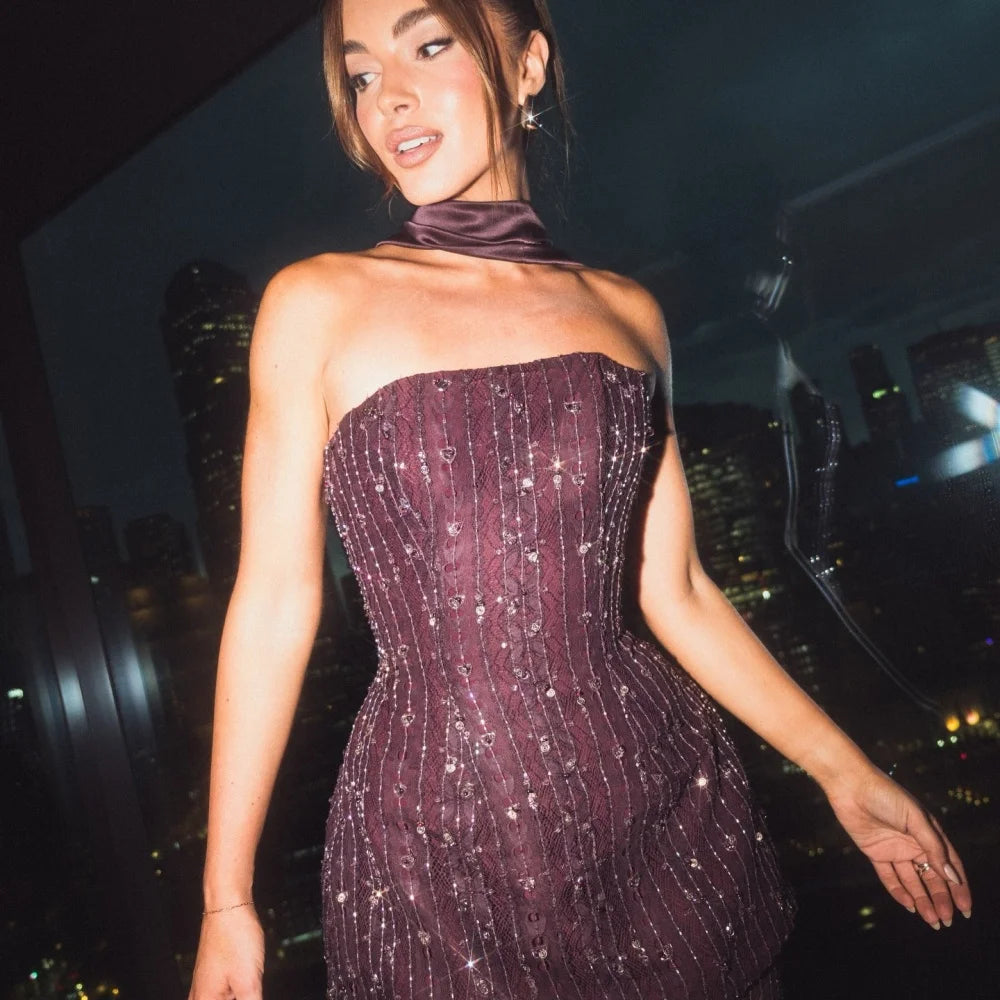 Brown Sequins Lace robes de soirée Two-Piece Set Strapless Sleeveless Party Dresses Land-Length Prom Dress 2025