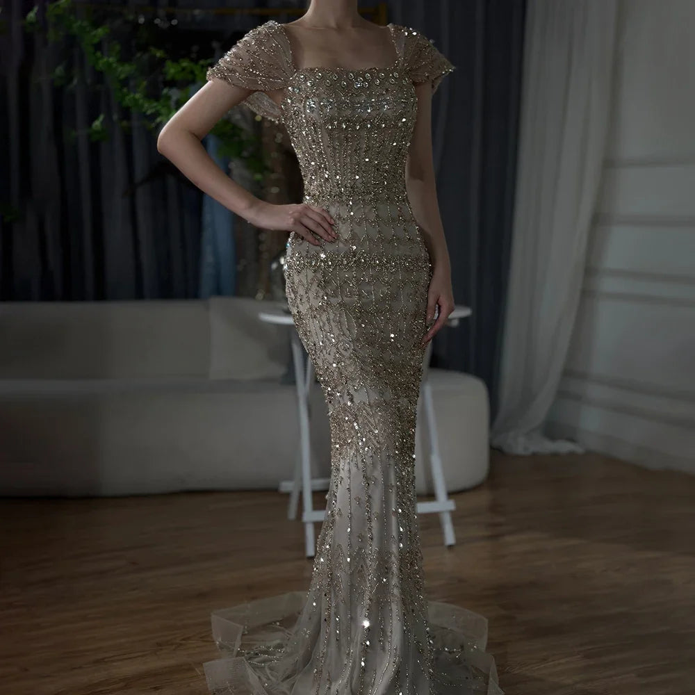 Arabic Caramel Luxury Beaded Mermaid Evening Dress