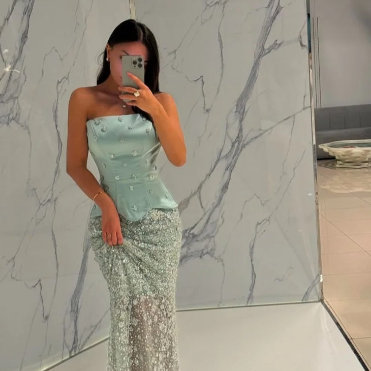 Green Beaded robes de soirée Strapless Sleeveless Prom Dresses 2025