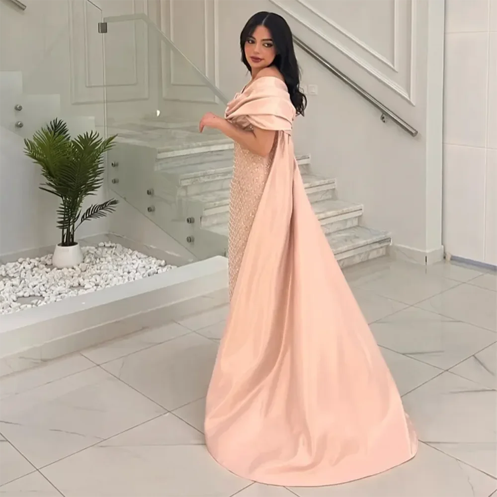 Peach Satin Boat Neck Beaded Ankle Length Evening Dresses