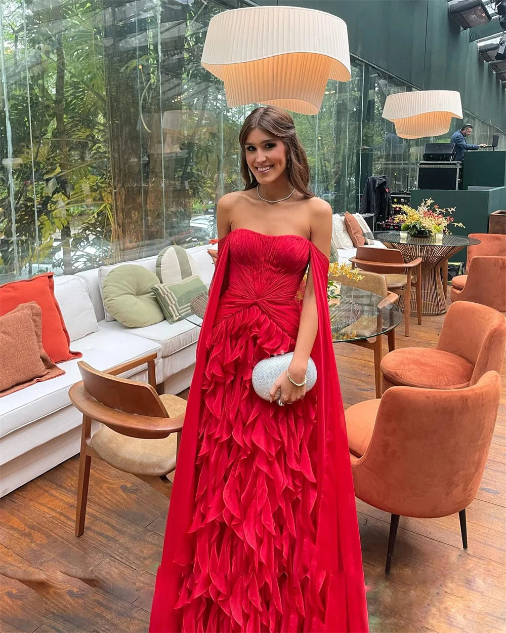 Red Off Shoulder Tiered Ruffles Prom Dress