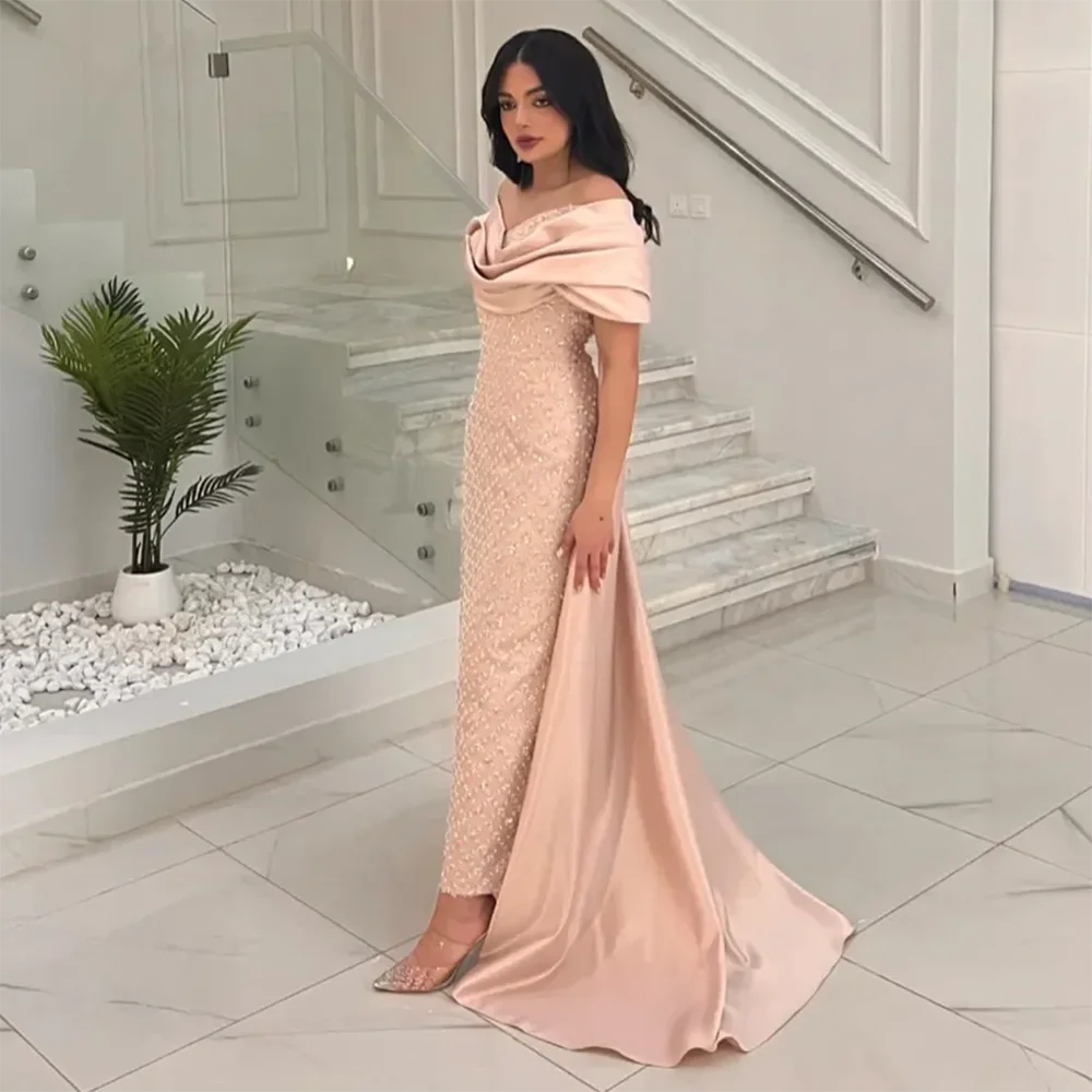 Peach Satin Boat Neck Beaded Ankle Length Evening Dresses