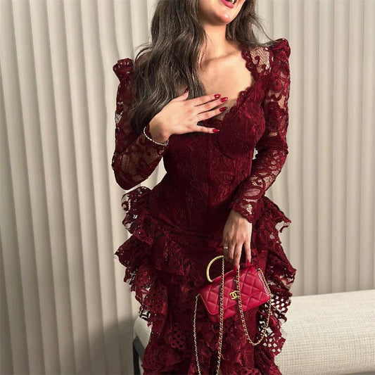 Lace Sexy Mermaid robes de soirée Red V Neck Evening Dresses