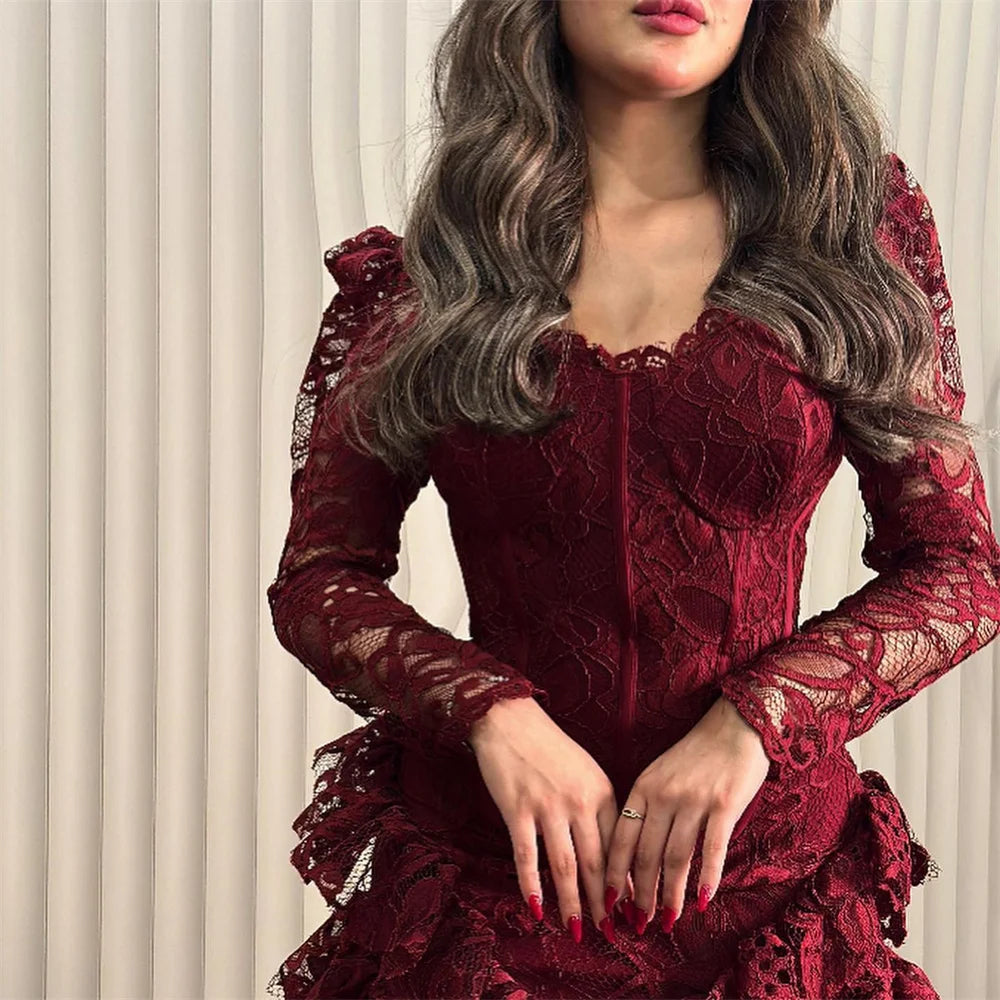 Lace Sexy Mermaid robes de soirée Red V Neck Evening Dresses