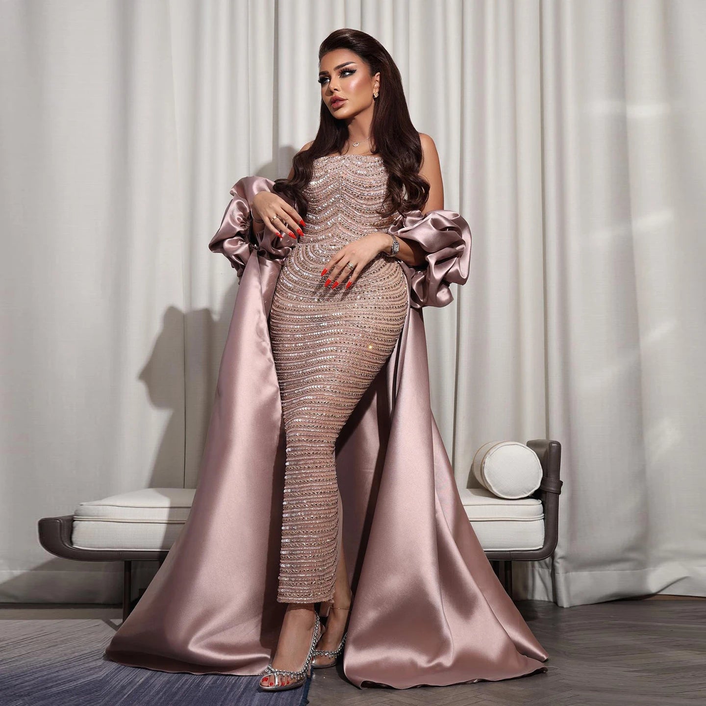 Luxury Arabic Dusty Rose Evening Dresses with Cape