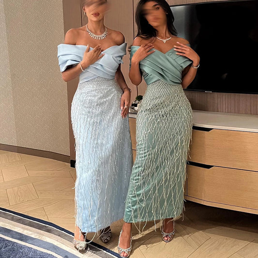 Shoulder Sage Green Evening Dresses