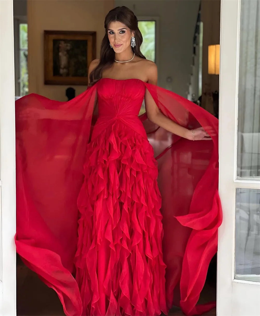 Red Off Shoulder Tiered Ruffles Prom Dress