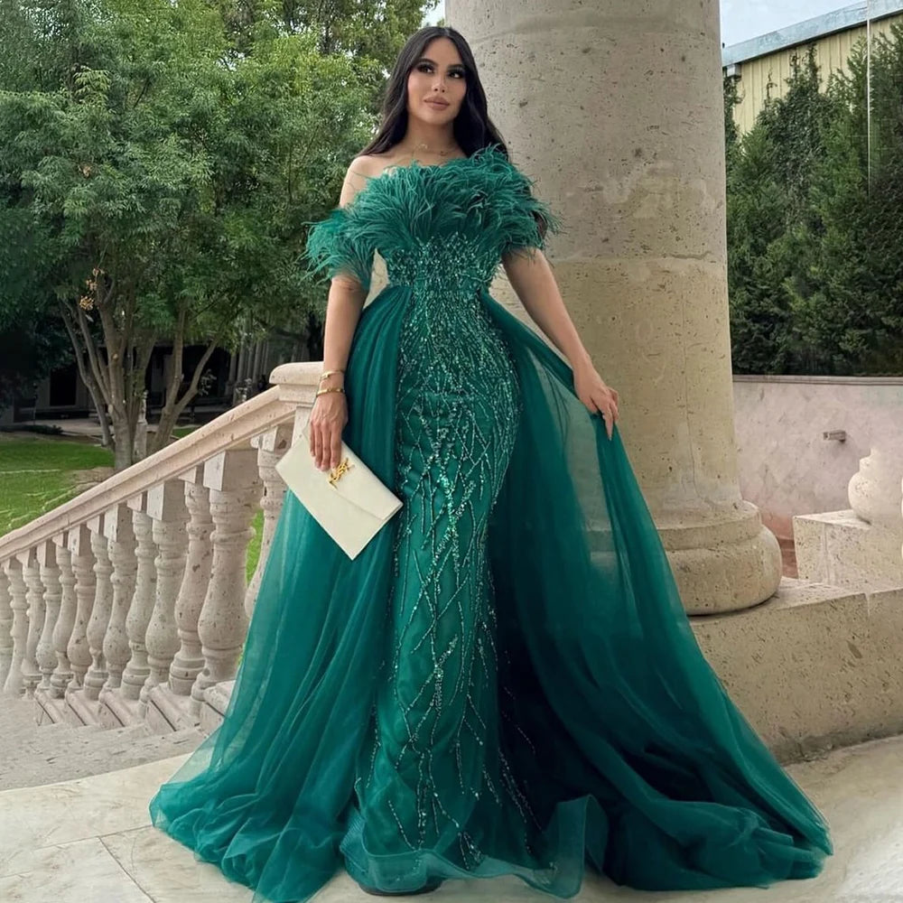 Luxury Beaded  Blue Elegant Overskirt Evening Dresses