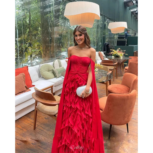 Red Off Shoulder Tiered Ruffles Prom Dress