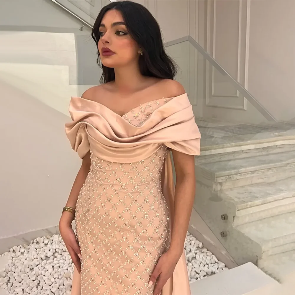 Peach Satin Boat Neck Beaded Ankle Length Evening Dresses