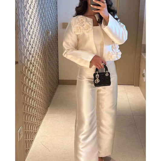 Evening Dress Long Sleeves Flowers Ankle-Lenth Satin