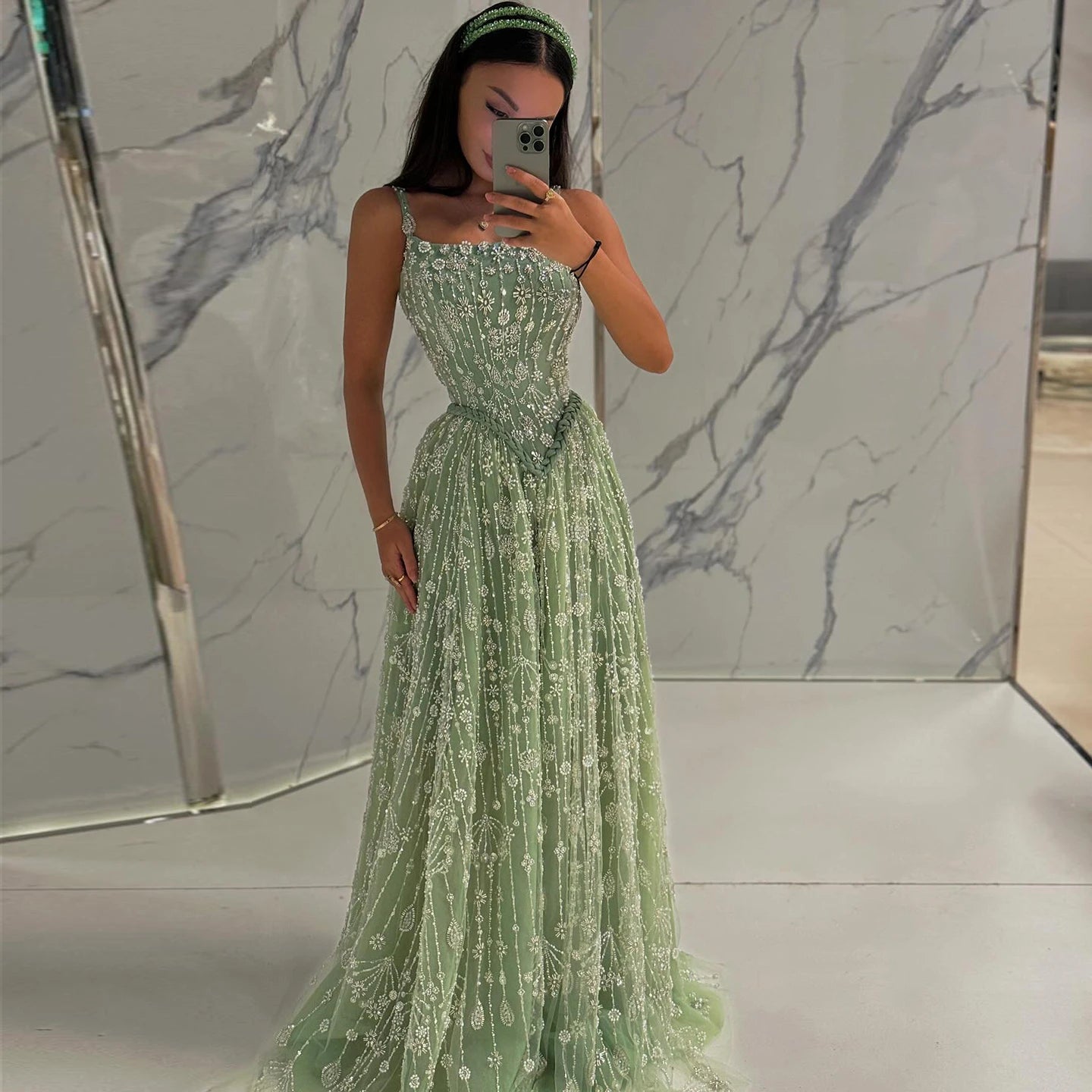 Elegant Sage Green Luxury Arabic Evening Dress