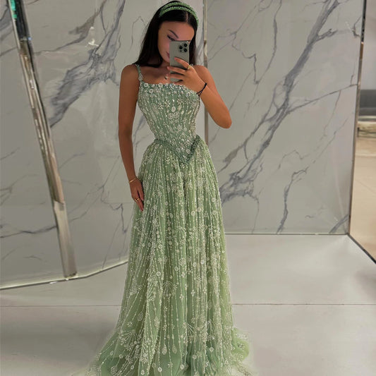 Elegant Sage Green Luxury Arabic Evening Dress