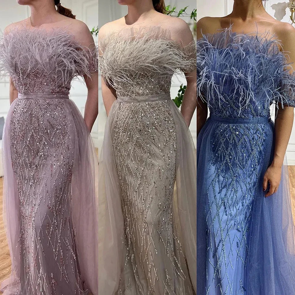 Luxury Beaded  Blue Elegant Overskirt Evening Dresses