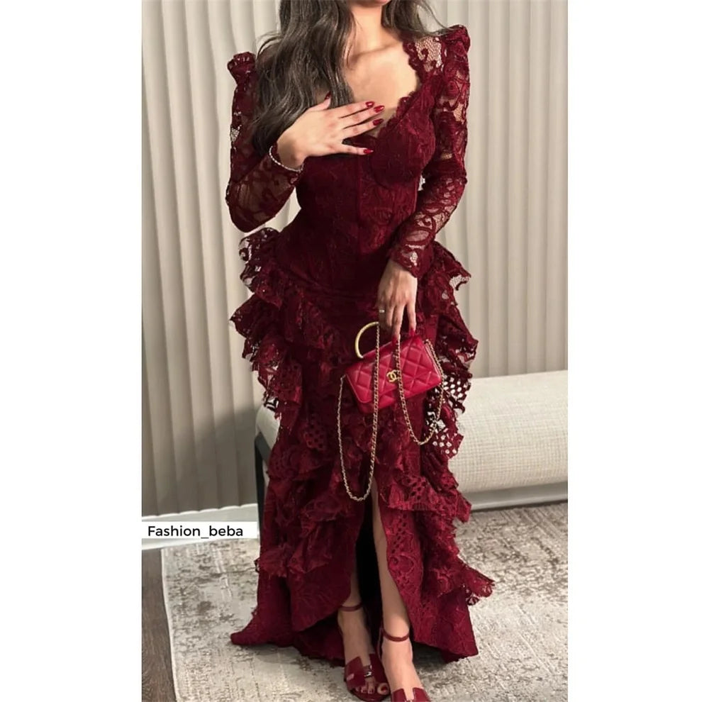 Lace Sexy Mermaid robes de soirée Red V Neck Evening Dresses