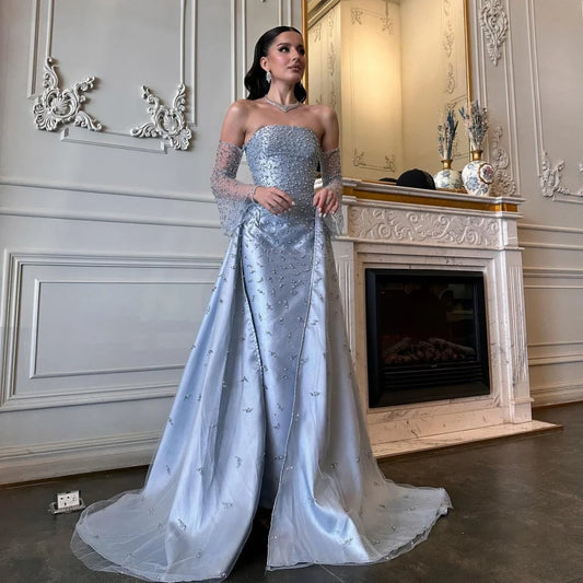 Pearls Beading Slightly Flared Sleeves robes de soirée Satin A-line Party Dresses