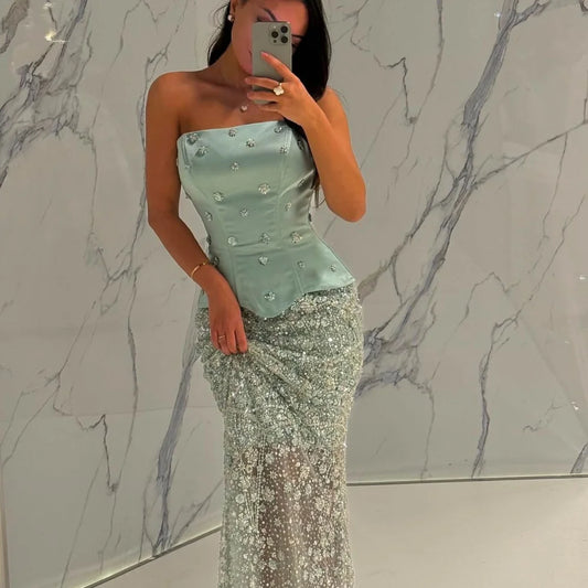 Green Beaded robes de soirée Strapless Sleeveless Prom Dresses 2025