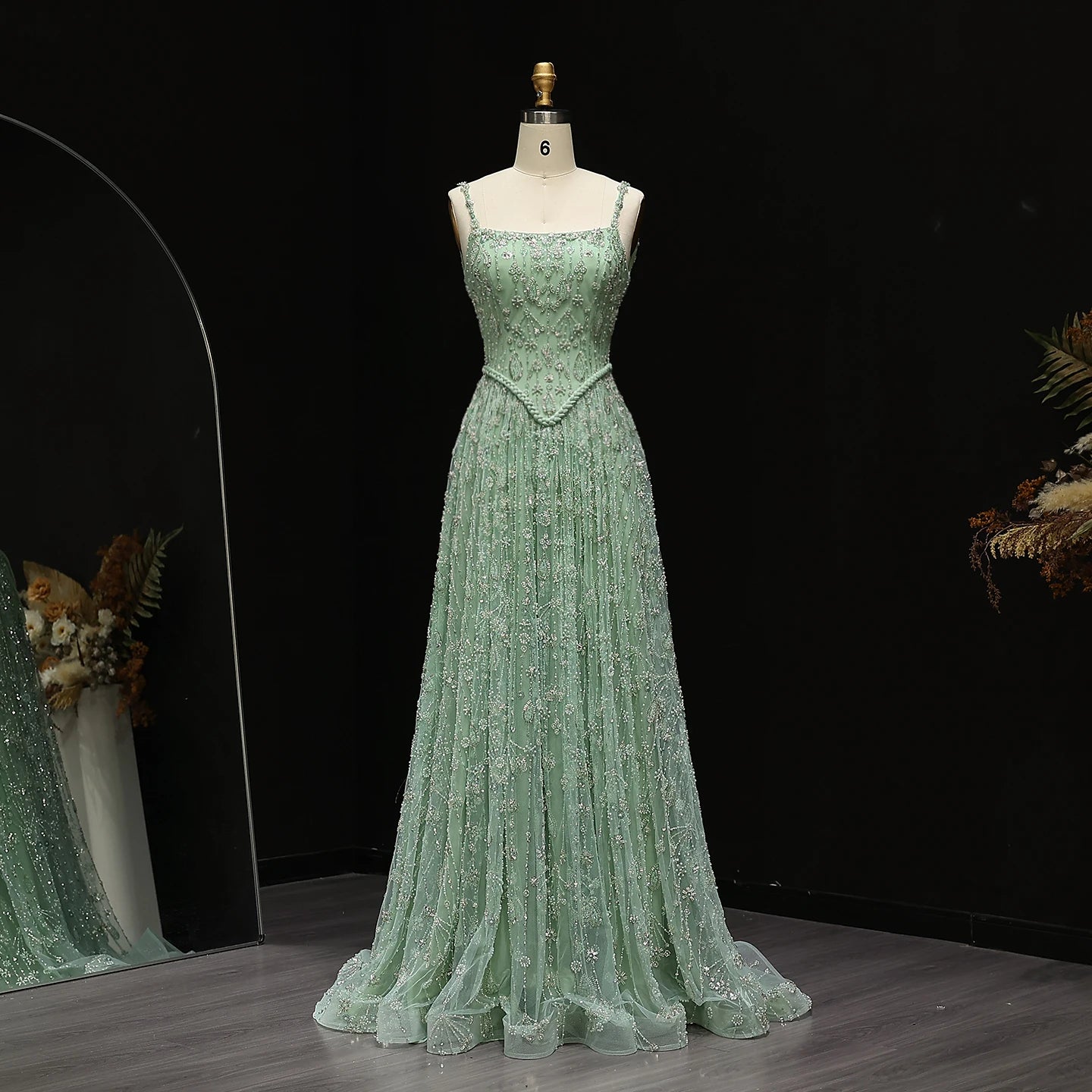 Elegant Sage Green Luxury Arabic Evening Dress