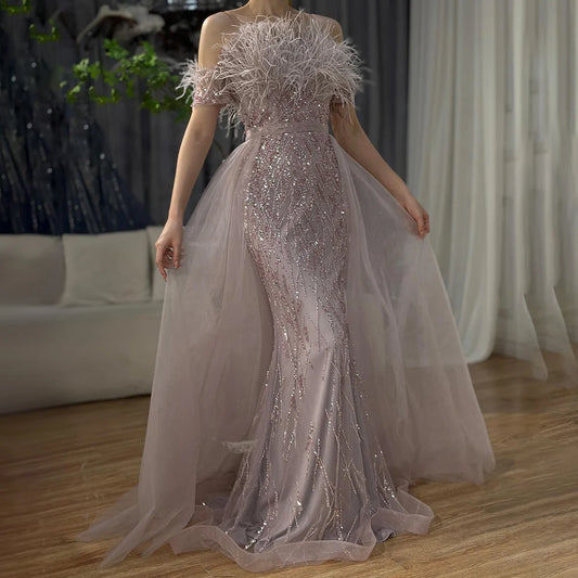 Luxury Beaded  Blue Elegant Overskirt Evening Dresses