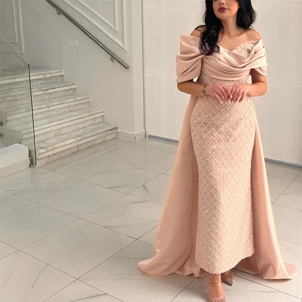 Peach Satin Boat Neck Beaded Ankle Length Evening Dresses